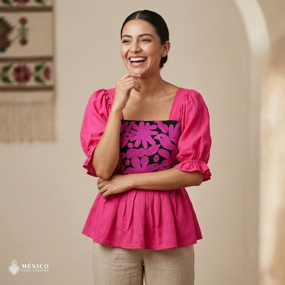 Mexican Embroidered Peplum Blouse – Handmade Cotton Puff Sleeve Corset Top